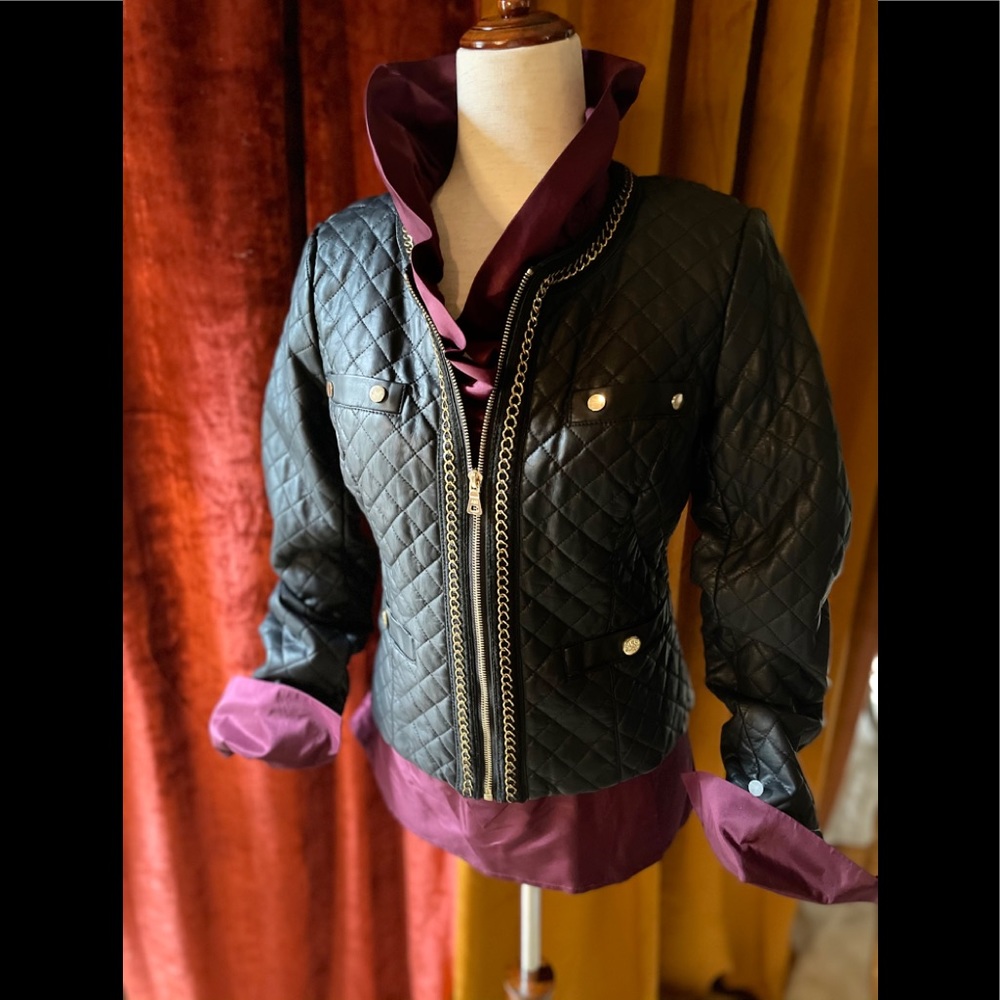 NWT ABS faux leather jacket gold chain detail